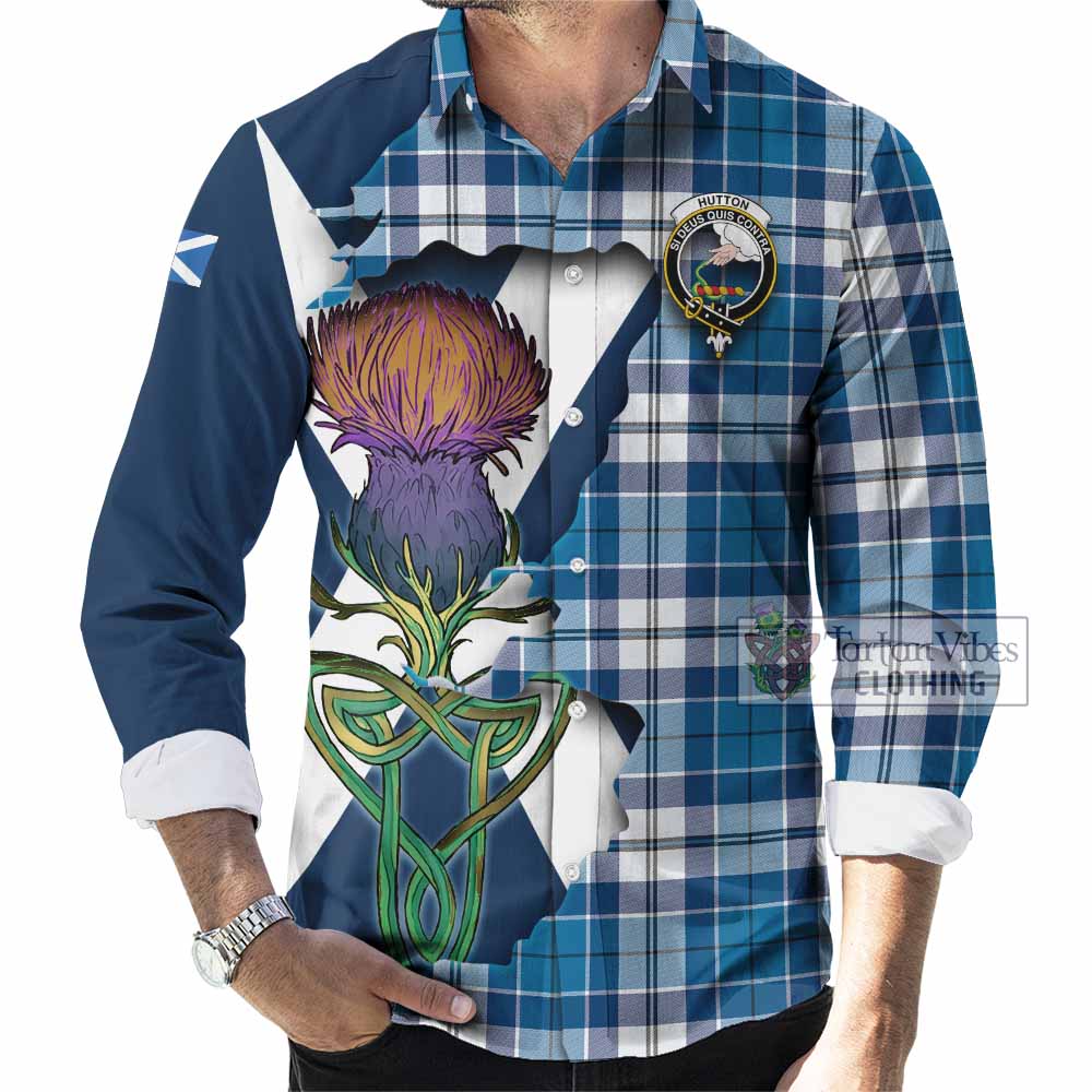 Tartan Vibes Clothing Hutton Tartan Family Crest Long Sleeve Button Shirt Scottish Thistle Celtic Inspired