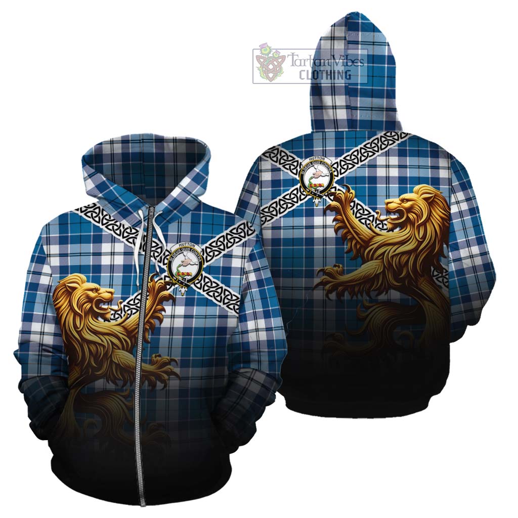 Hutton Crest Tartan Cotton Hoodie with Golden Lion Emblem Celtic Style Zip Hoodie - Tartan Vibes Clothing