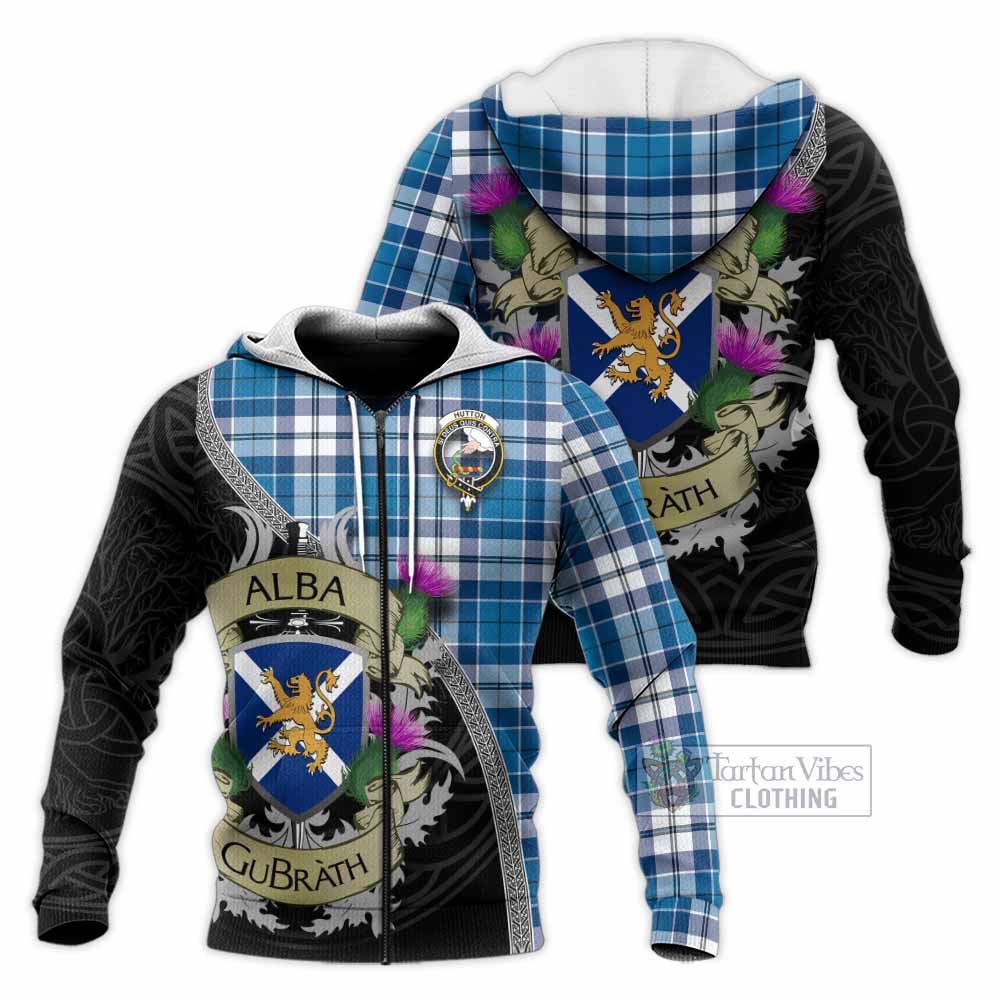 Hutton Tartan Family Crest Knitted Hoodie Lion Rampant Royal Thistle Shield Celtic Inspired Unisex Knitted Zip Hoodie - Tartan Vibes Clothing
