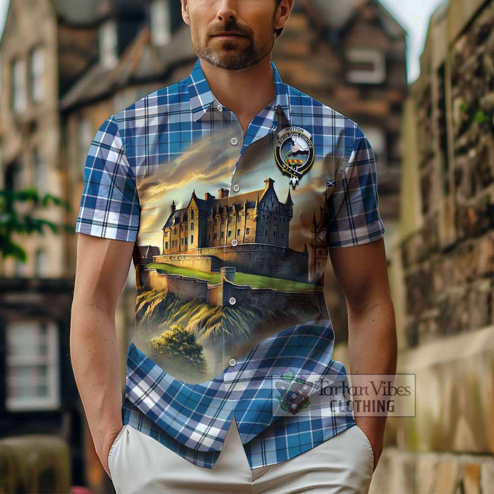 Hutton Tartan Family Crest Hawaiian Shirt with Scottish Ancient Castle Style - Tartan Vibes Clothing