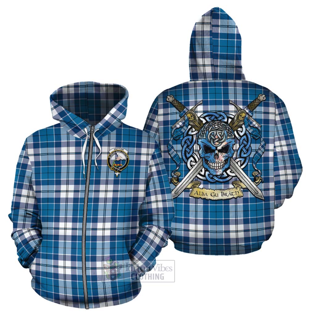 Hutton Tartan Cotton Hoodie with Family Crest Celtic Skull Style - Tartan Vibes Clothing