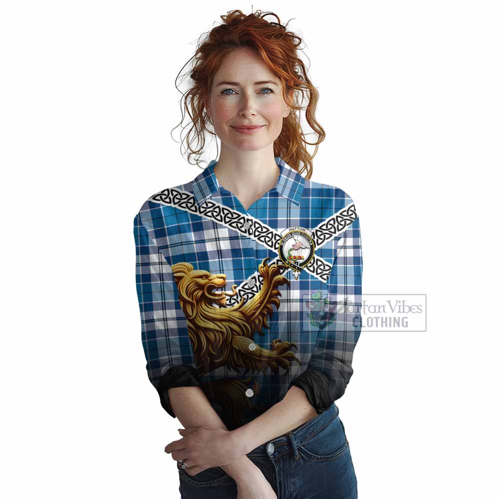Hutton Crest Tartan Women's Casual Shirt with Golden Lion Emblem Celtic Style - Tartan Vibes Clothing