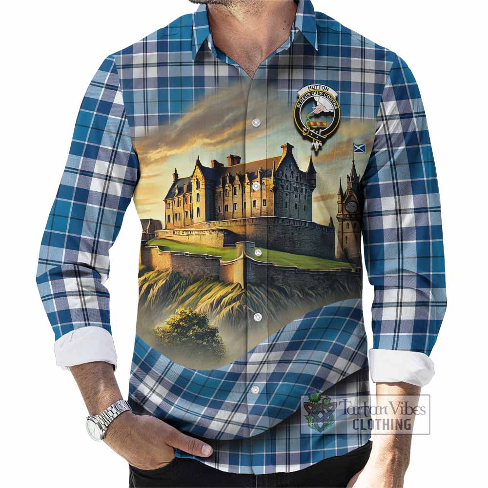 Tartan Vibes Clothing Hutton Tartan Family Crest Long Sleeve Button Shirt with Scottish Ancient Castle Style