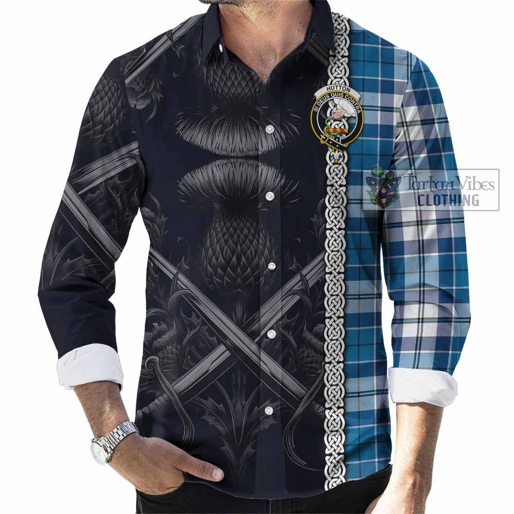 Tartan Vibes Clothing Hutton Tartan Long Sleeve Button Shirt with Family Crest Cross Sword Thistle Celtic Vibes