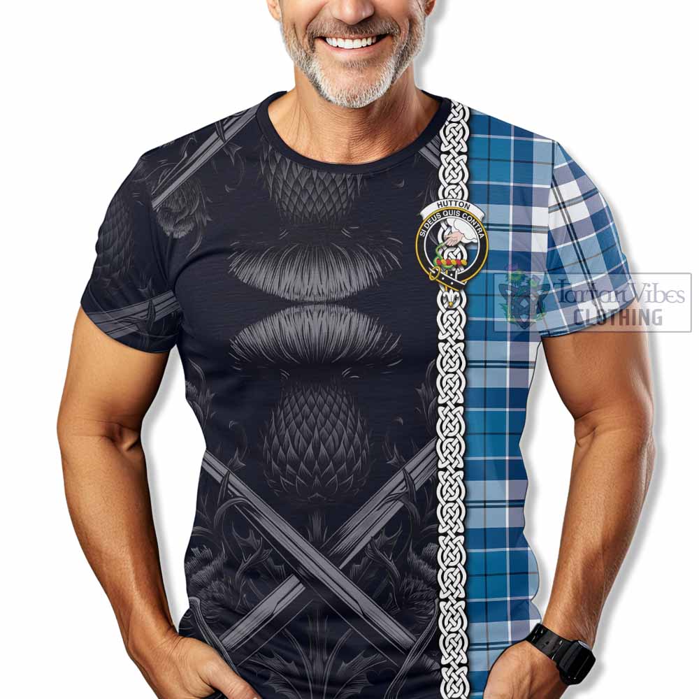 Hutton Tartan T-Shirt with Family Crest Cross Sword Thistle Celtic Vibes - Tartan Vibes Clothing