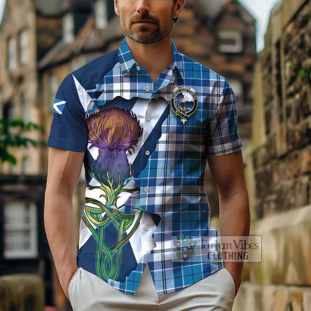 Tartan Vibes Clothing Hutton Tartan Family Crest Short Sleeve Button Shirt Scottish Thistle Celtic Inspired