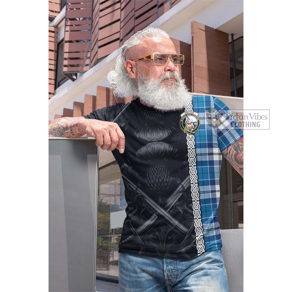 Tartan Vibes Clothing Hutton Tartan Cotton T-shirt with Family Crest Cross Sword Thistle Celtic Vibes