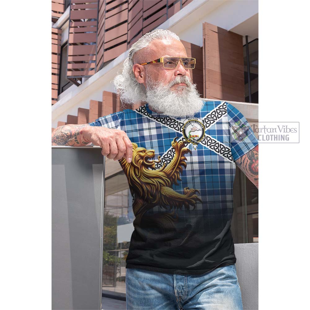 Hutton Crest Tartan Cotton T-shirt with Golden Lion Emblem Celtic Style - Tartan Vibes Clothing
