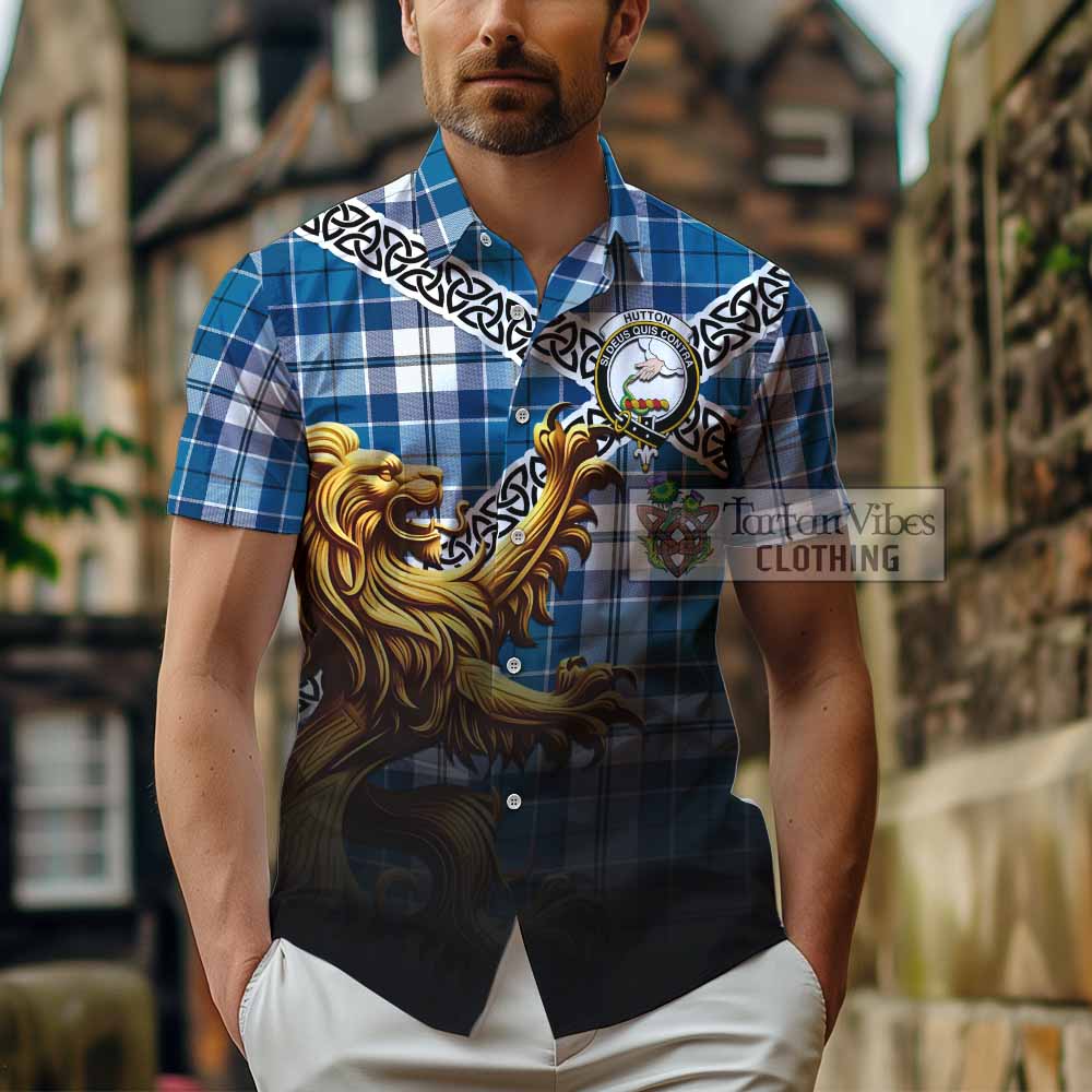 Hutton Crest Tartan Hawaiian Shirt with Golden Lion Emblem Celtic Style - Tartan Vibes Clothing