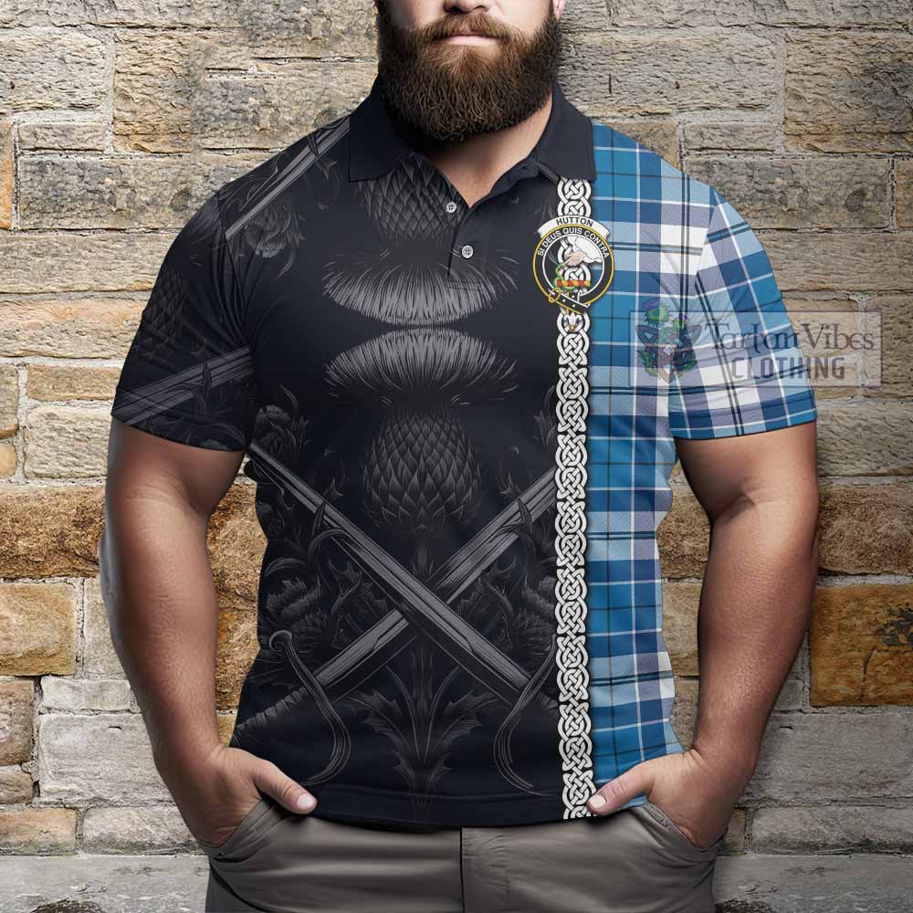 Hutton Tartan Polo Shirt with Family Crest Cross Sword Thistle Celtic Vibes - Tartan Vibes Clothing