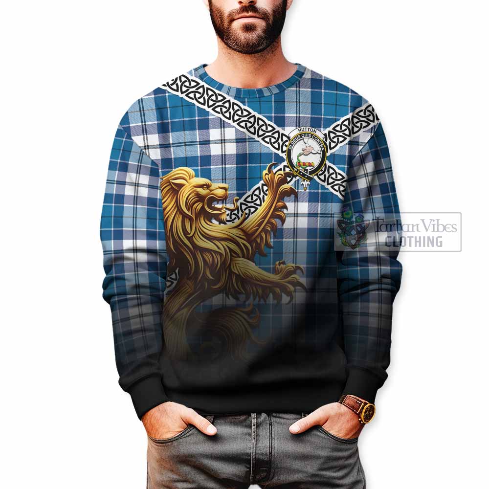 Hutton Crest Tartan Sweatshirt with Golden Lion Emblem Celtic Style - Tartan Vibes Clothing