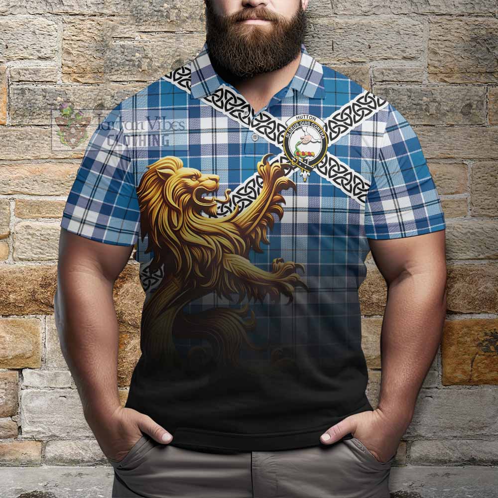 Hutton Crest Tartan Polo Shirt with Golden Lion Emblem Celtic Style - Tartan Vibes Clothing
