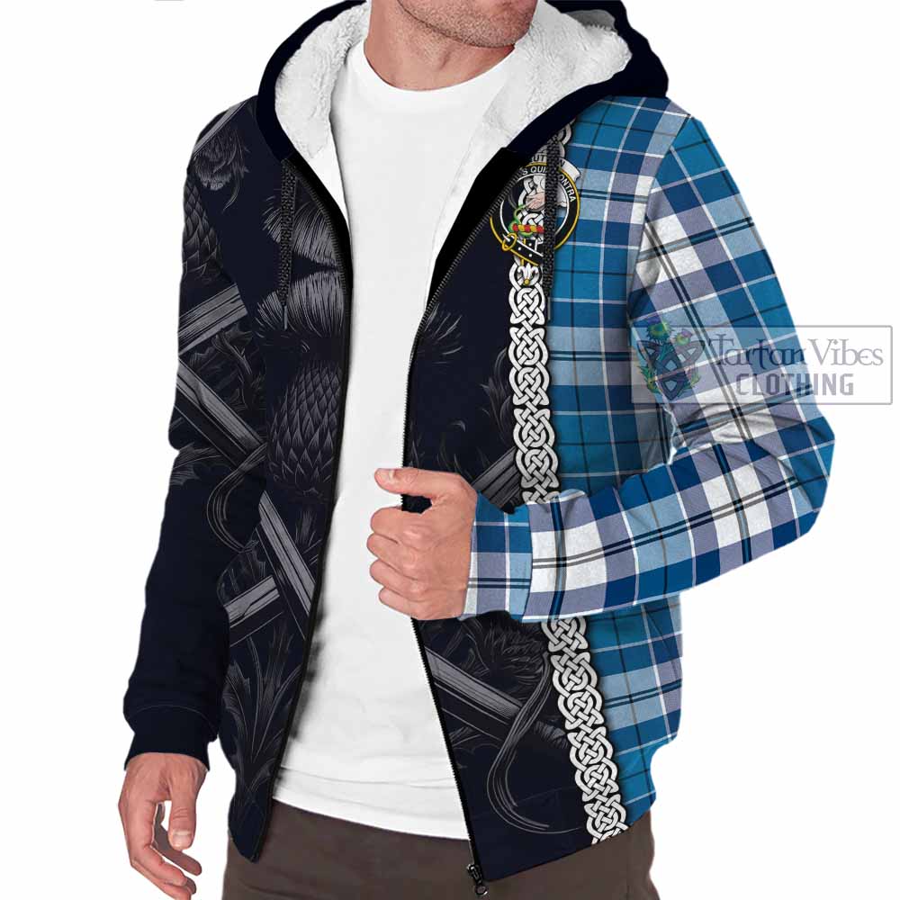 Hutton Tartan Sherpa Hoodie with Family Crest Cross Sword Thistle Celtic Vibes - Tartan Vibes Clothing