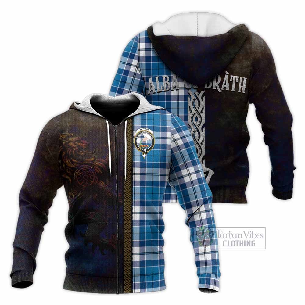 Tartan Vibes Clothing Hutton Tartan Family Crest Knitted Hoodie Alba Gu Brath Be Brave Lion Ancient Style