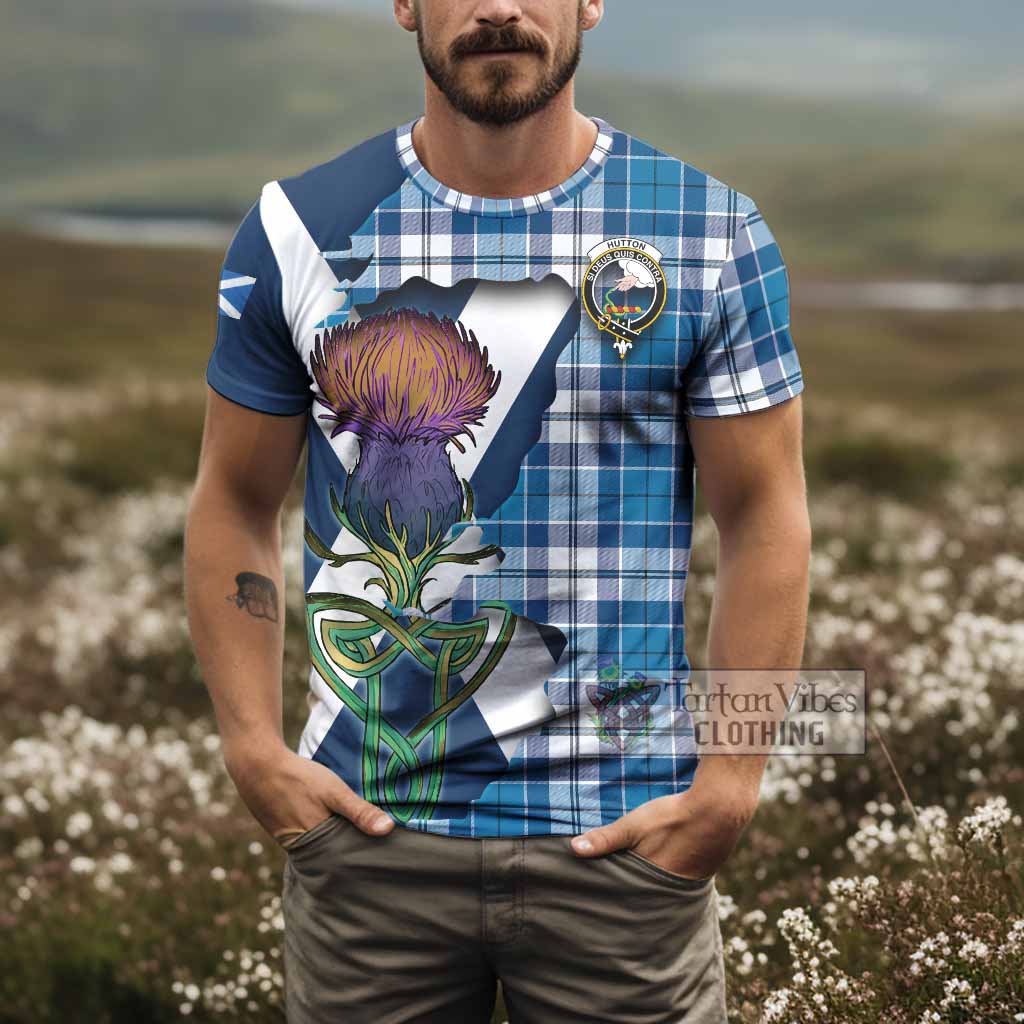 Tartan Vibes Clothing Hutton Tartan Family Crest T-Shirt Scottish Thistle Celtic Inspired