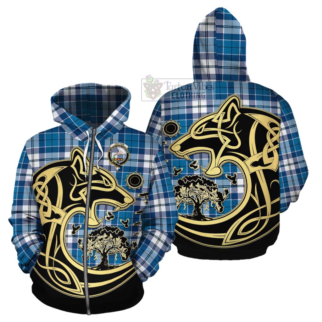 Hutton Tartan Cotton Hoodie with Family Crest Celtic Wolf Style - Tartan Vibes Clothing