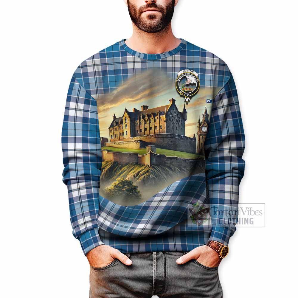 Hutton Tartan Family Crest Sweatshirt with Scottish Ancient Castle Style - Tartan Vibes Clothing