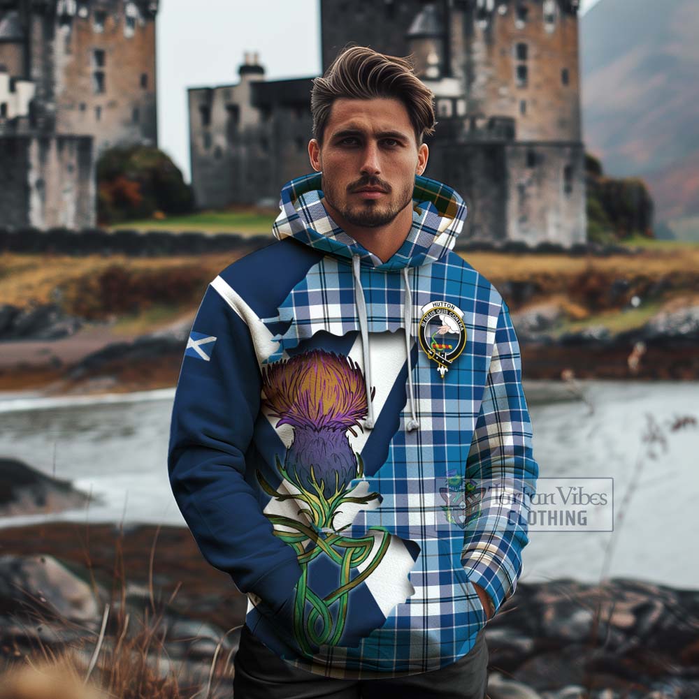Tartan Vibes Clothing Hutton Tartan Family Crest Cotton Hoodie Scottish Thistle Celtic Inspired