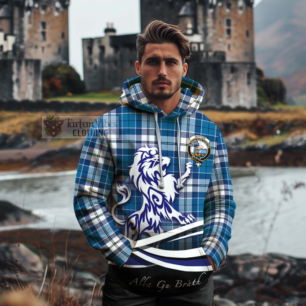 Hutton Tartan Cotton Hoodie with Alba Gu Brath Regal Lion Emblem - Tartan Vibes Clothing