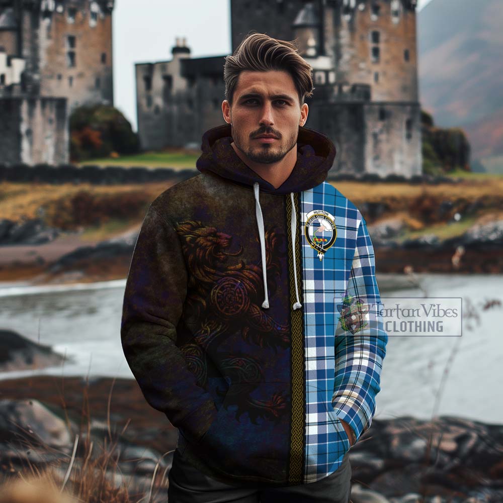 Tartan Vibes Clothing Hutton Tartan Family Crest Cotton Hoodie Alba Gu Brath Be Brave Lion Ancient Style