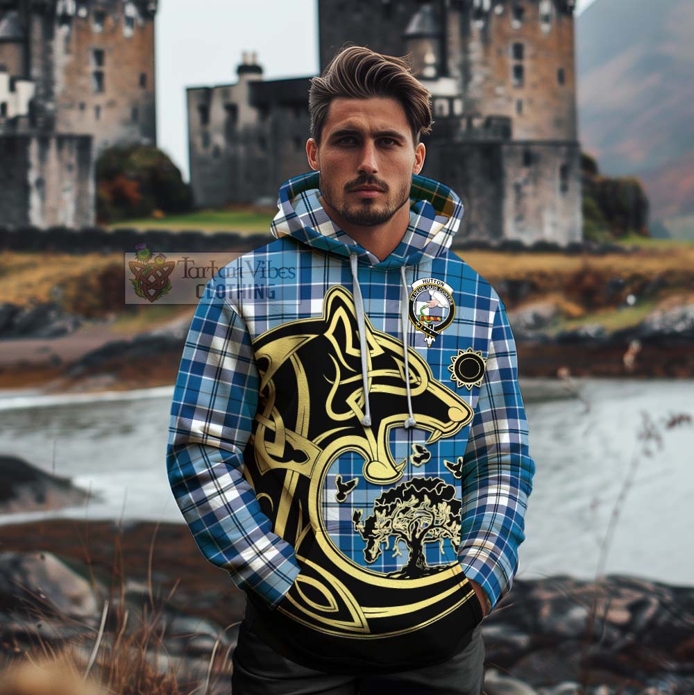 Hutton Tartan Cotton Hoodie with Family Crest Celtic Wolf Style - Tartan Vibes Clothing