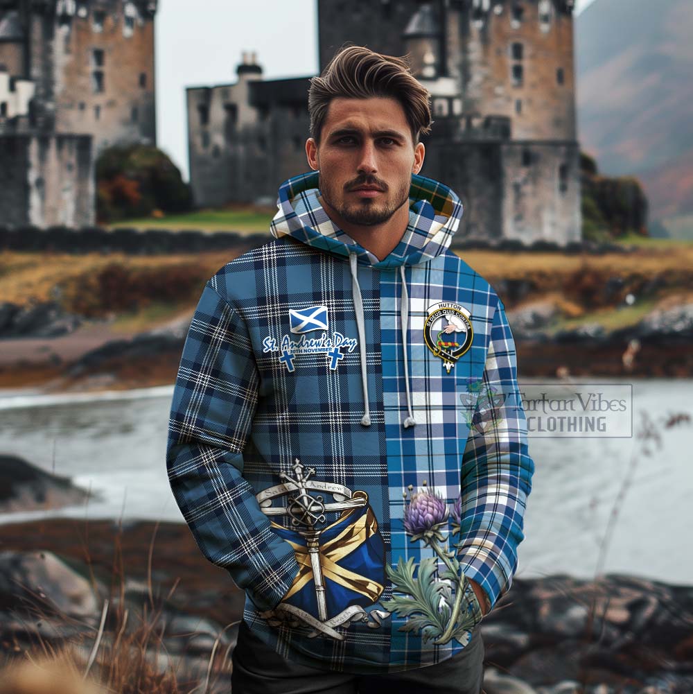 Hutton Tartan Cotton Hoodie Happy St. Andrew's Day Half Tartan Style - Tartan Vibes Clothing