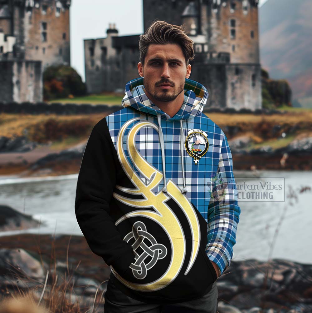Hutton Tartan Cotton Hoodie with Family Crest and Celtic Symbol Style - Tartan Vibes Clothing