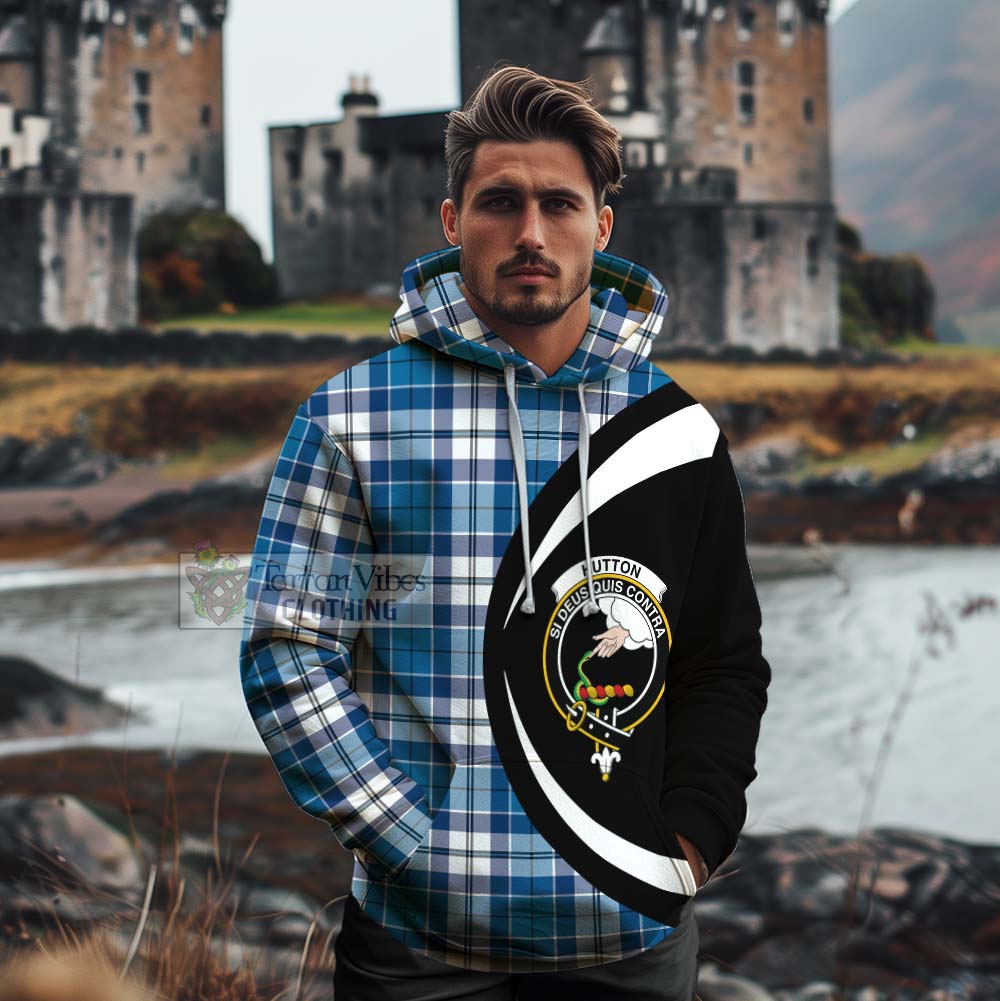 Hutton Tartan Cotton Hoodie with Family Crest Circle Style - Tartan Vibes Clothing