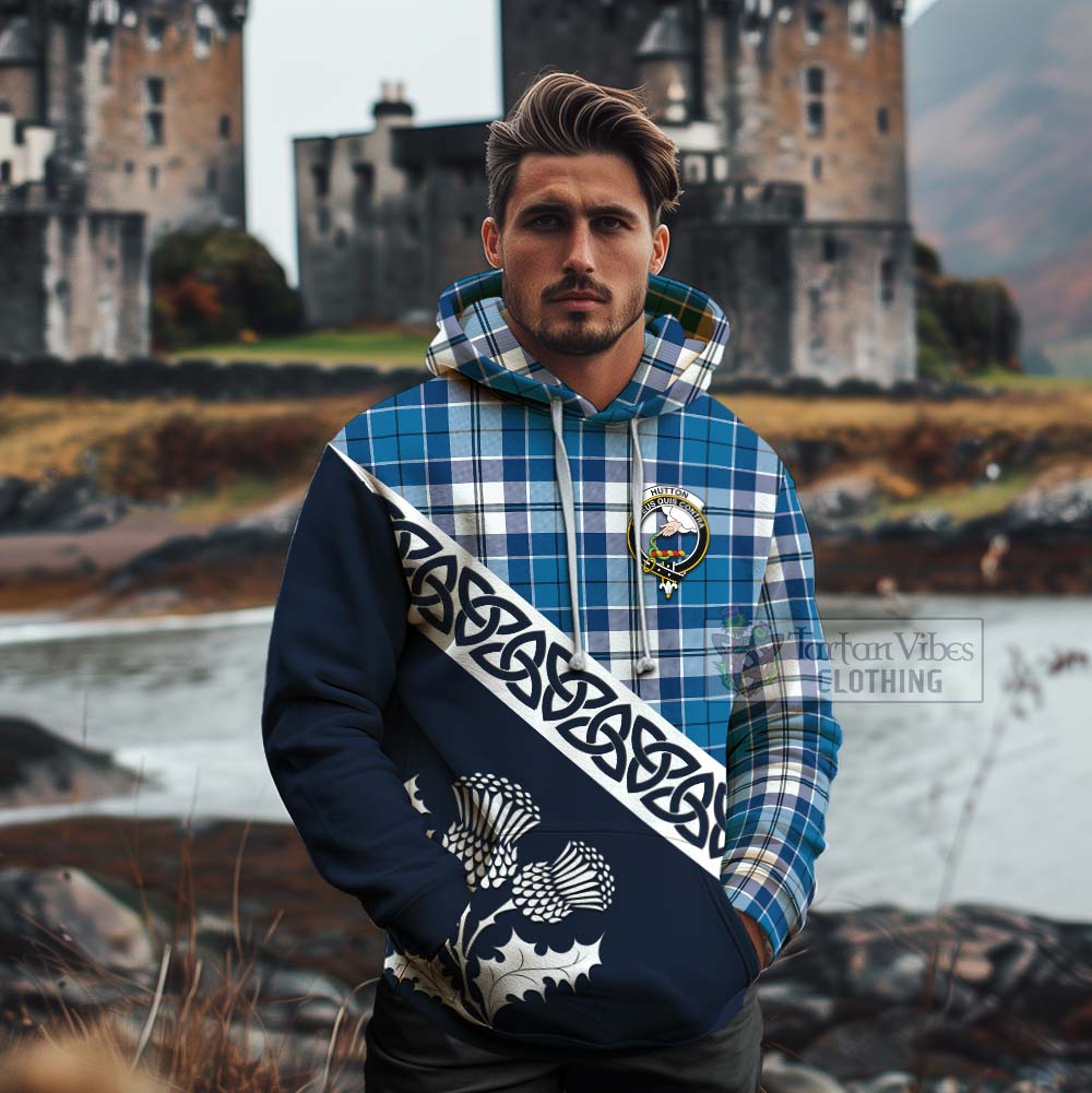Hutton Tartan Cotton Hoodie Featuring Thistle and Scotland Map - Tartan Vibes Clothing