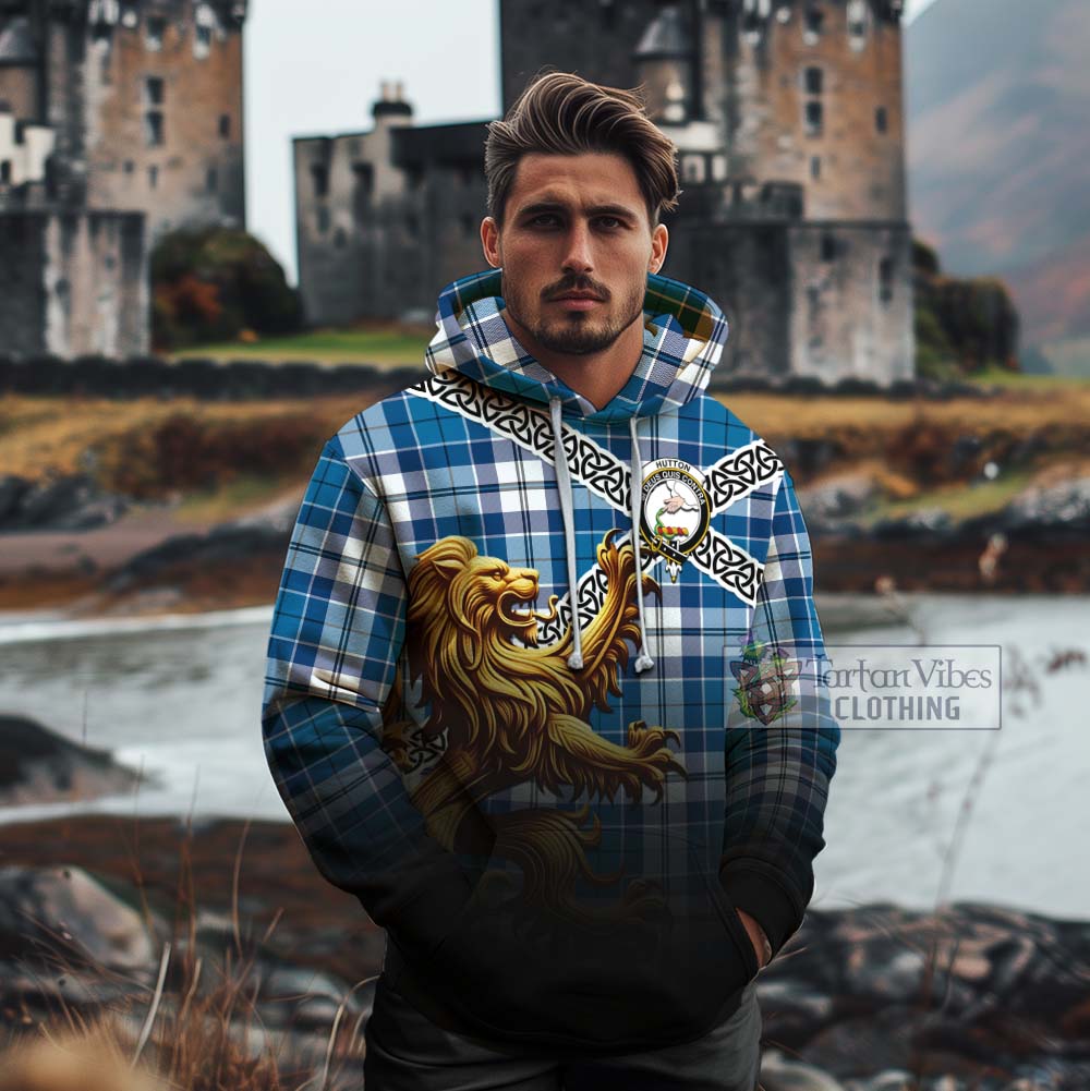 Hutton Crest Tartan Cotton Hoodie with Golden Lion Emblem Celtic Style - Tartan Vibes Clothing