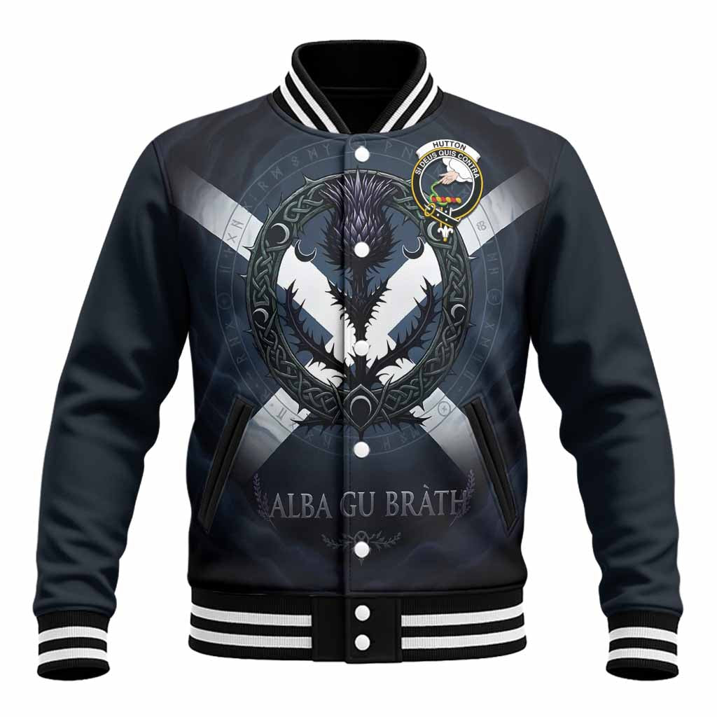 Hutton Clan Crest Baseball Jacket with Celtic Knot Thistle and Saltire Unisex - Tartan Vibes Clothing
