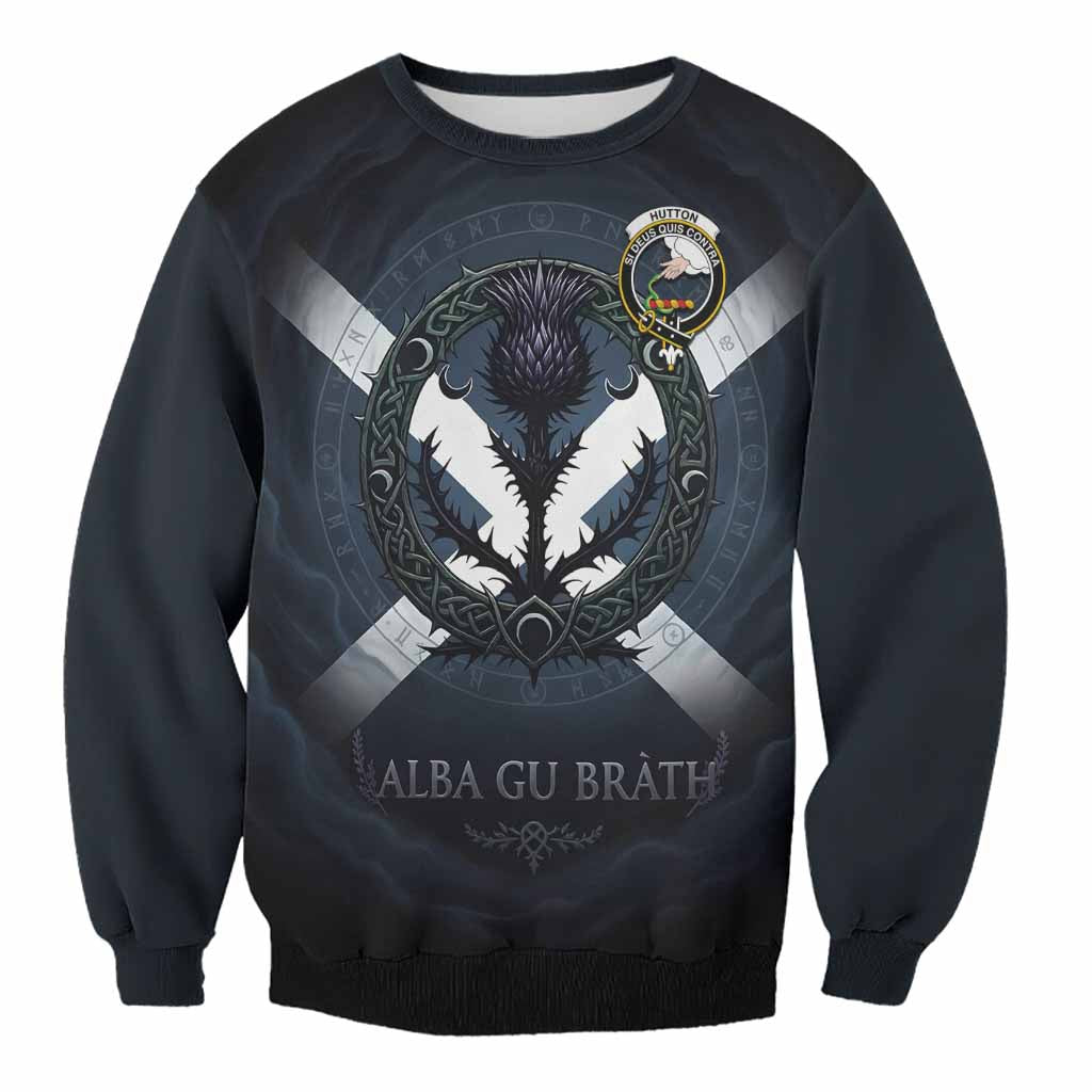 Hutton Clan Crest Sweatshirt with Celtic Knot Thistle and Saltire