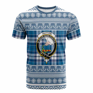 Hutton Clan Tartan Christmas Cotton T-shirt with Family Crest