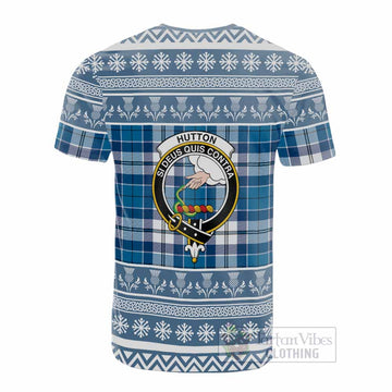 Hutton Clan Tartan Christmas Cotton T-shirt with Family Crest
