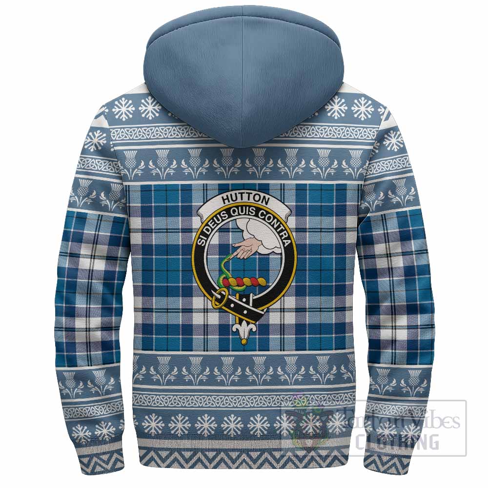 Hutton Clan Tartan Christmas Fleece Hoodie with Family Crest - Tartan Vibes Clothing