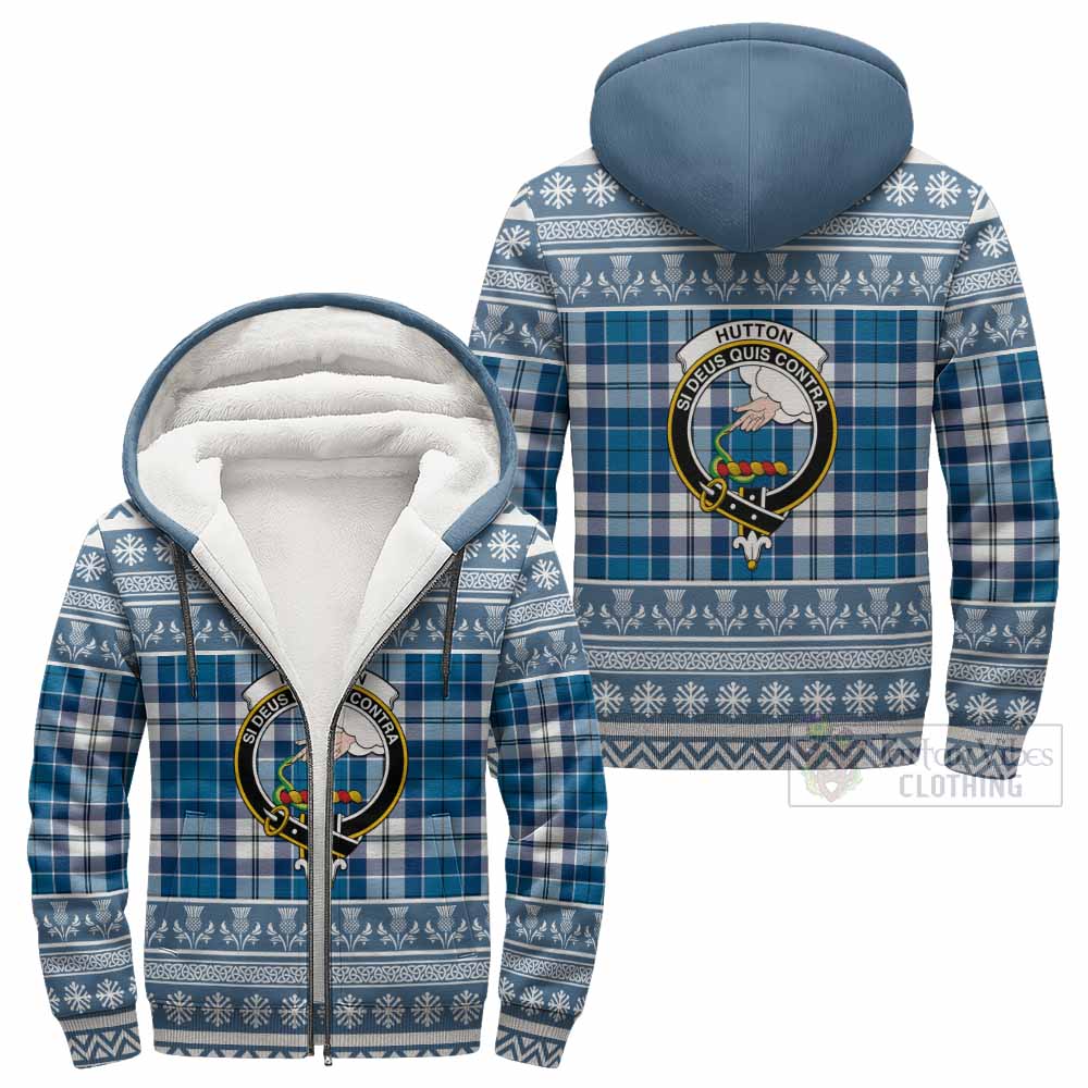 Hutton Clan Tartan Christmas Fleece Hoodie with Family Crest - Tartan Vibes Clothing