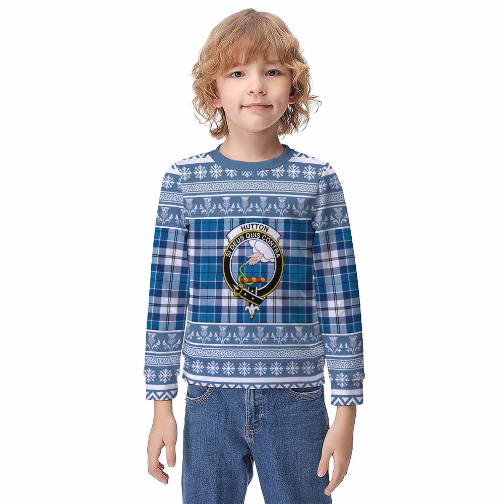Hutton Clan Tartan Christmas Kid Ugly Sweatshirt with Family Crest - Tartan Vibes Clothing