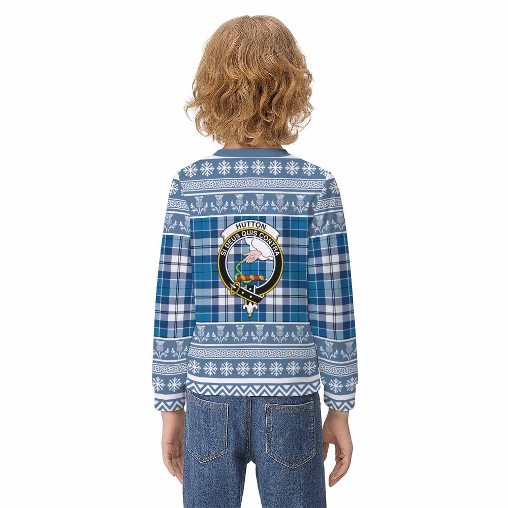 Hutton Clan Tartan Christmas Kid Ugly Sweatshirt with Family Crest - Tartan Vibes Clothing