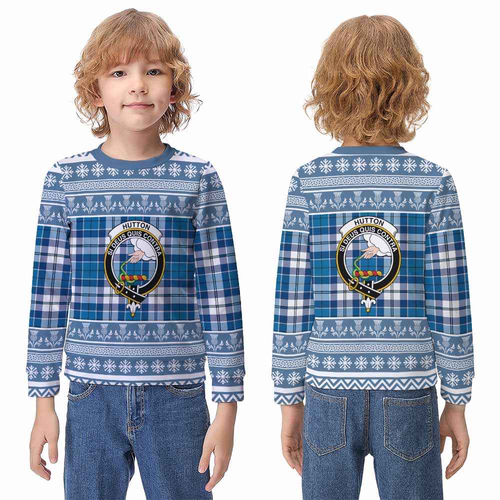 Hutton Clan Tartan Christmas Kid Ugly Sweatshirt with Family Crest - Tartan Vibes Clothing