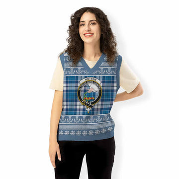 Hutton Clan Tartan Christmas Knitted V-Neck Vest with Family Crest