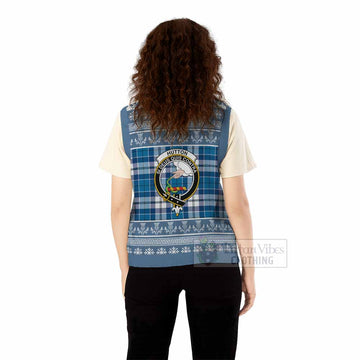 Hutton Clan Tartan Christmas Knitted V-Neck Vest with Family Crest