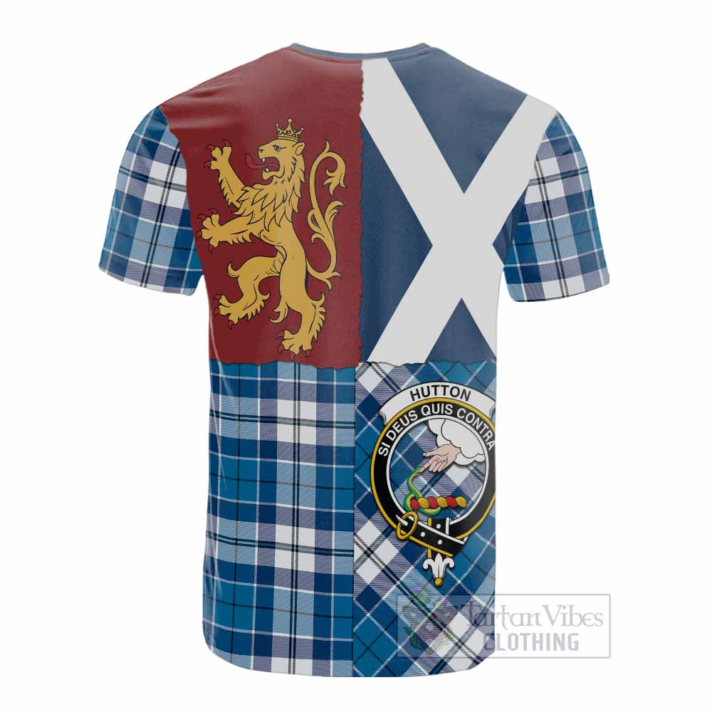 Hutton Crest Tartan Cotton T-shirt with Lion Rampant Saltire Style - Tartan Vibes Clothing