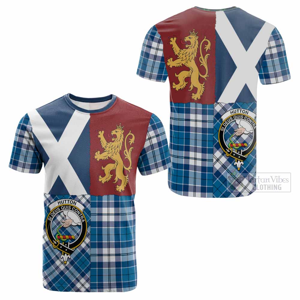 Hutton Crest Tartan Cotton T-shirt with Lion Rampant Saltire Style - Tartan Vibes Clothing
