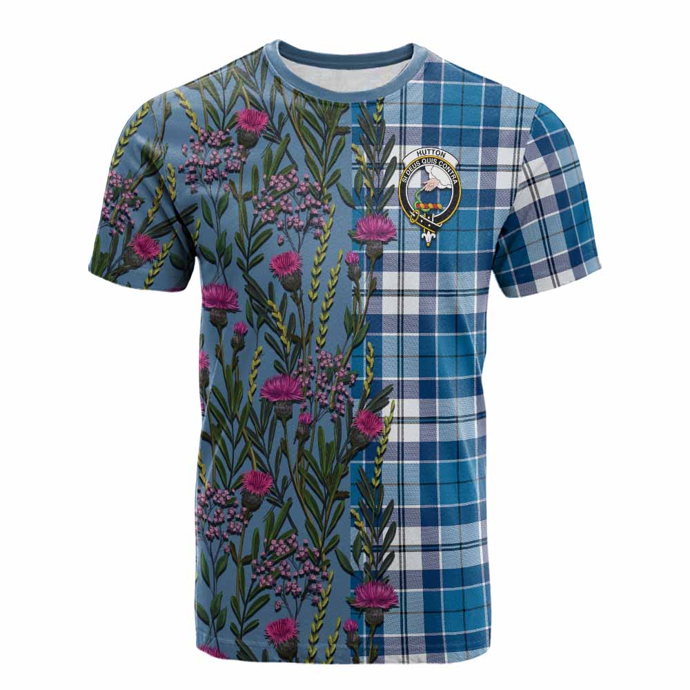 Hutton Family Crest Tartan Cotton T-shirt Scottish Thistle Flower Pattern Half Style - Tartan Vibes Clothing