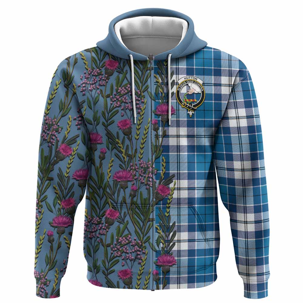 Hutton Family Crest Tartan Hoodie Scottish Thistle Flower Pattern Half Style - Tartan Vibes Clothing