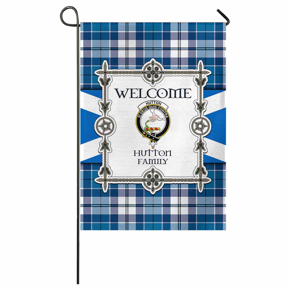 Hutton Family Crest Tartan Welcome Garden Flag Saltire Harmony Style - Tartan Vibes Clothing