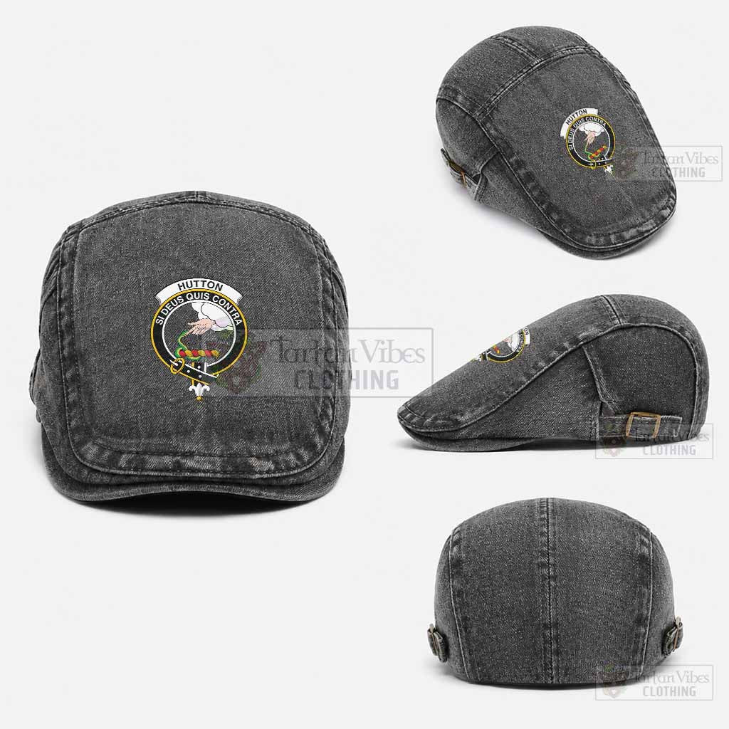 Hutton Scottish Clan Crest Washed Flat Cap - Unisex Jeff Cap One Size (Adjustable) Black - Tartan Vibes Clothing