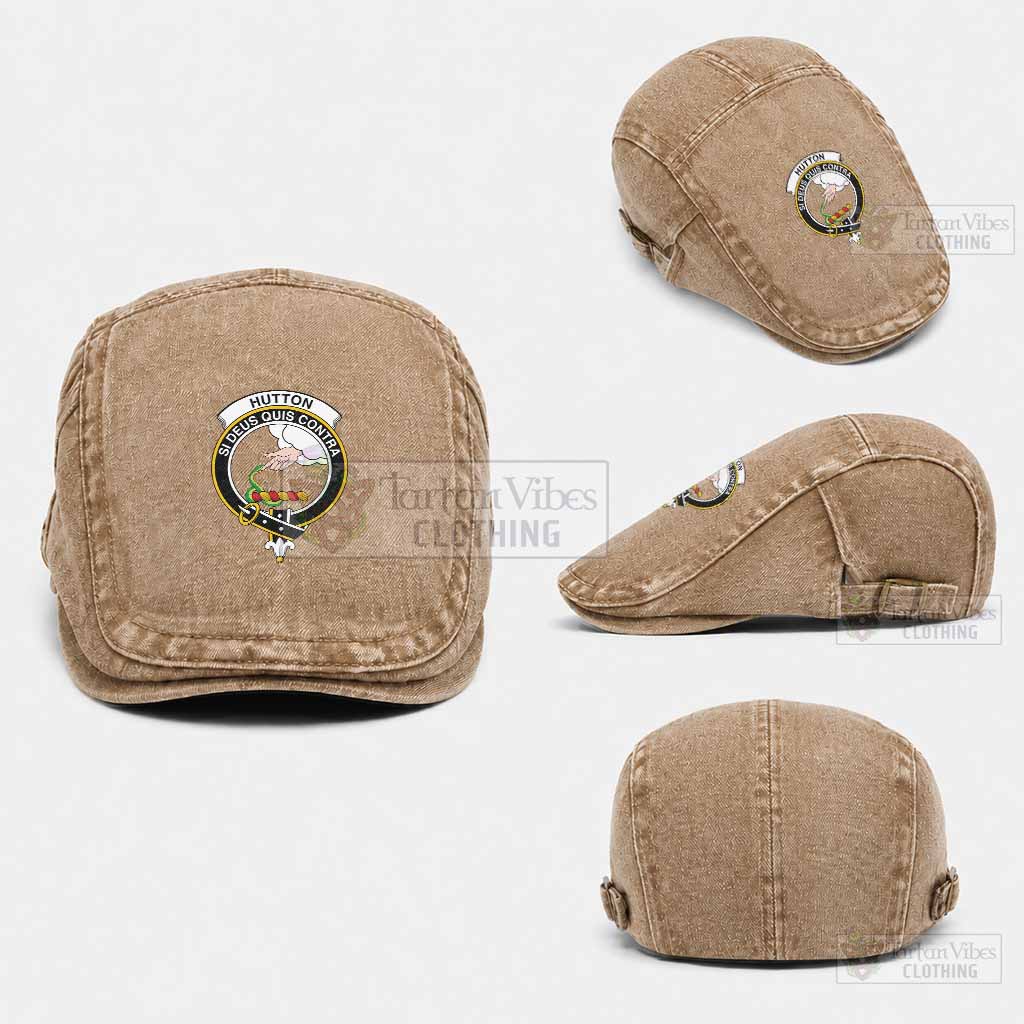 Hutton Scottish Clan Crest Washed Flat Cap - Unisex Jeff Cap One Size (Adjustable) Khaki - Tartan Vibes Clothing