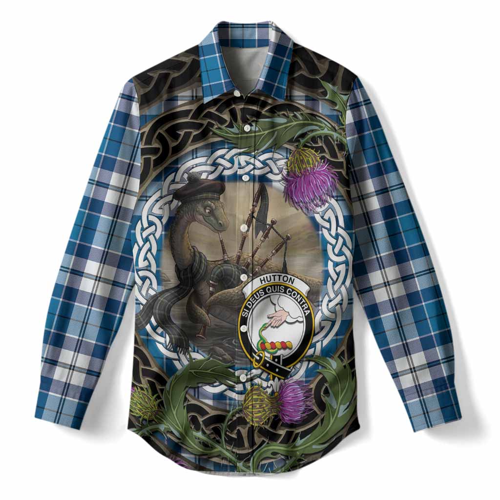 Hutton Tartan Crest Bagpipe Nessie Women Casual Shirt Scottish Loch Ness Monster Celtic Thistle
