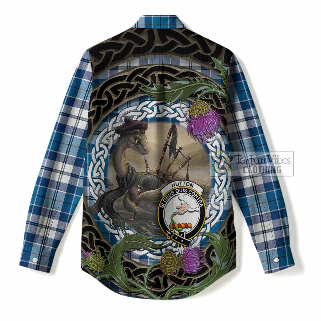 Hutton Tartan Crest Bagpipe Nessie Women Casual Shirt Scottish Loch Ness Monster Celtic Thistle